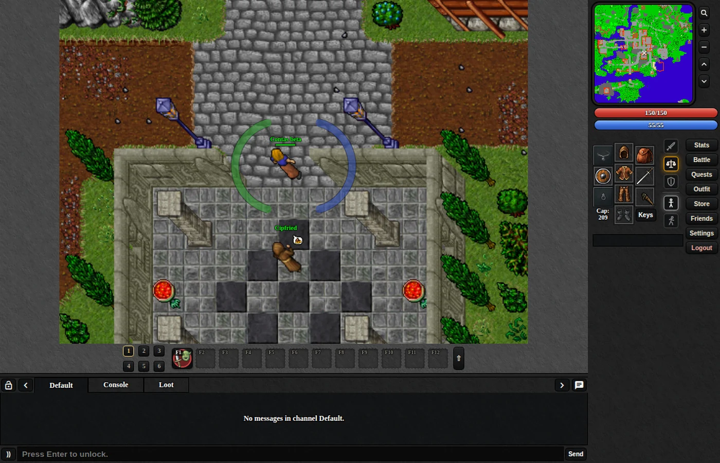 O Funibia aberto no navegador: um personagem no templo de Rookgaard, com o minimapa, a hotbar e o chat